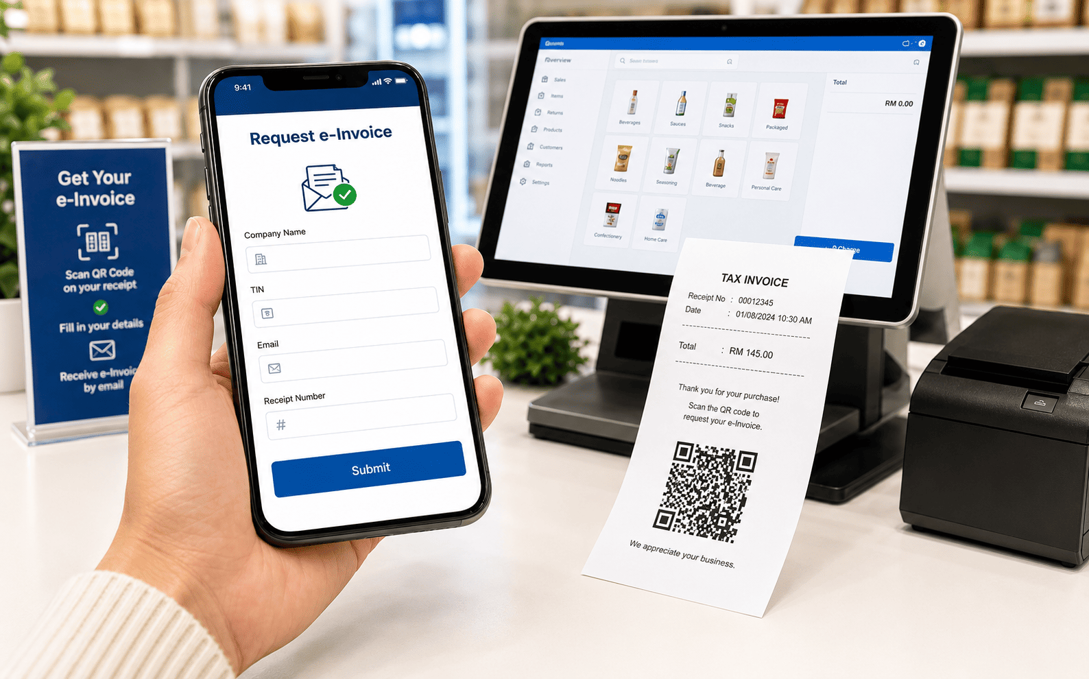 Customer scans receipt QR code and fills an on-demand e-Invoice request form