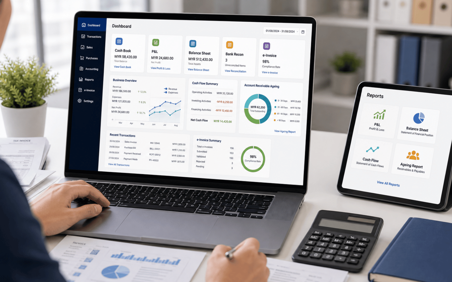 Cloud accounting dashboard for SME bookkeeping cash book profit and loss balance sheet bank reconciliation and e-Invoice reports