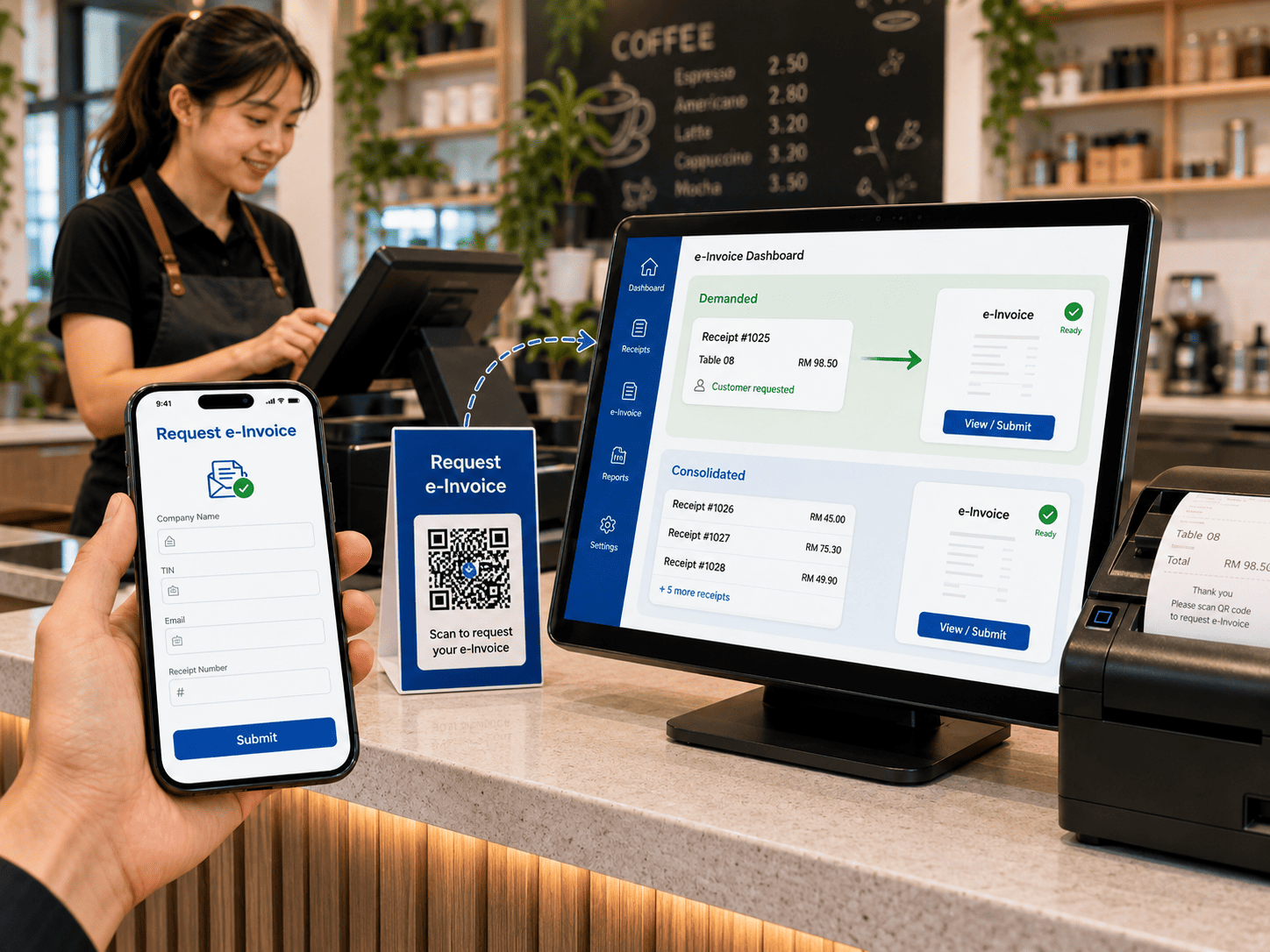 F&B POS customer on-demand e-Invoice request with demanded receipts separated from consolidated invoice