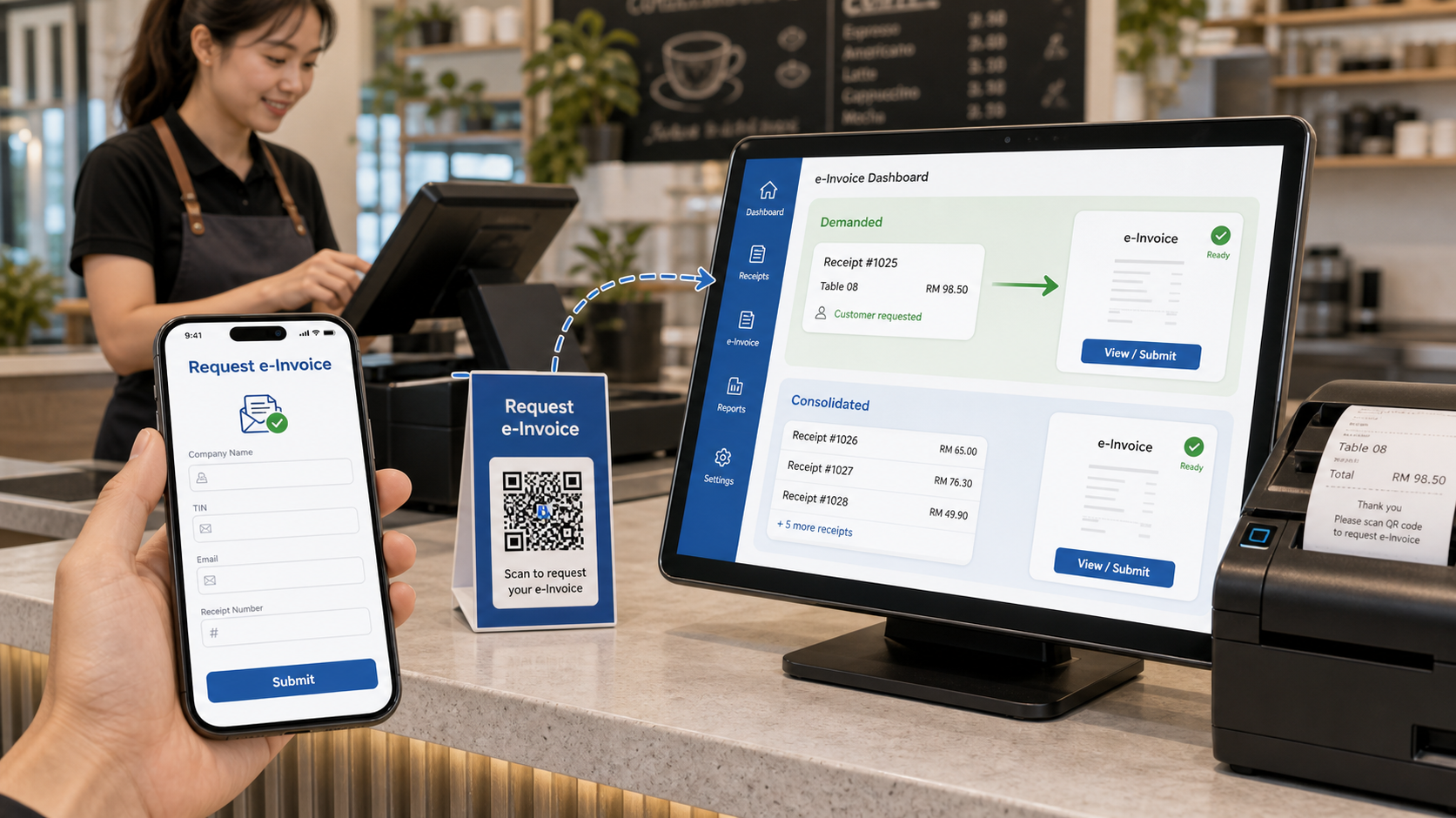 F&B POS customer on-demand e-Invoice request with demanded receipts separated from consolidated invoice
