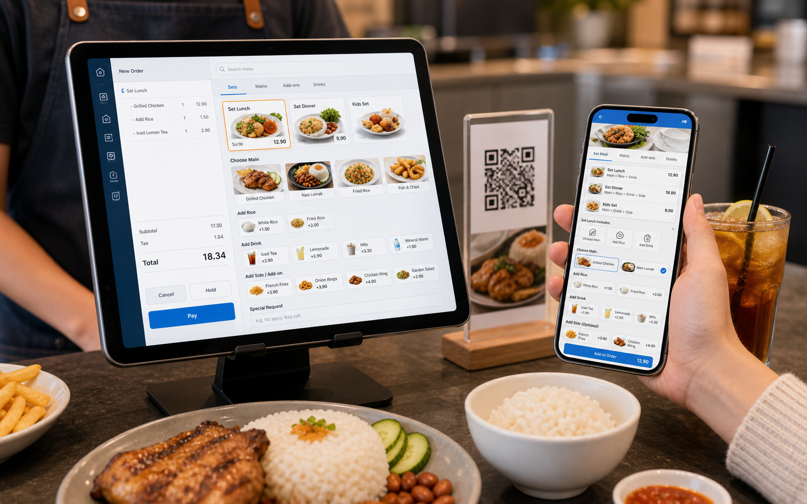 F&B POS set lunch set dinner add rice add drinks and item options on tablet and mobile ordering