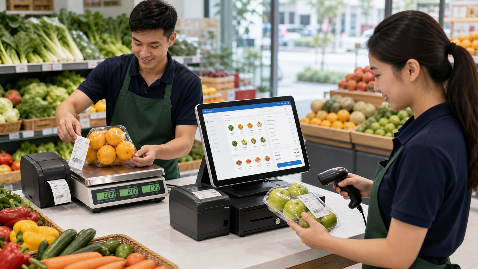 Fresh market POS with weighing scale barcode label printer scanner and BMO checkout counter