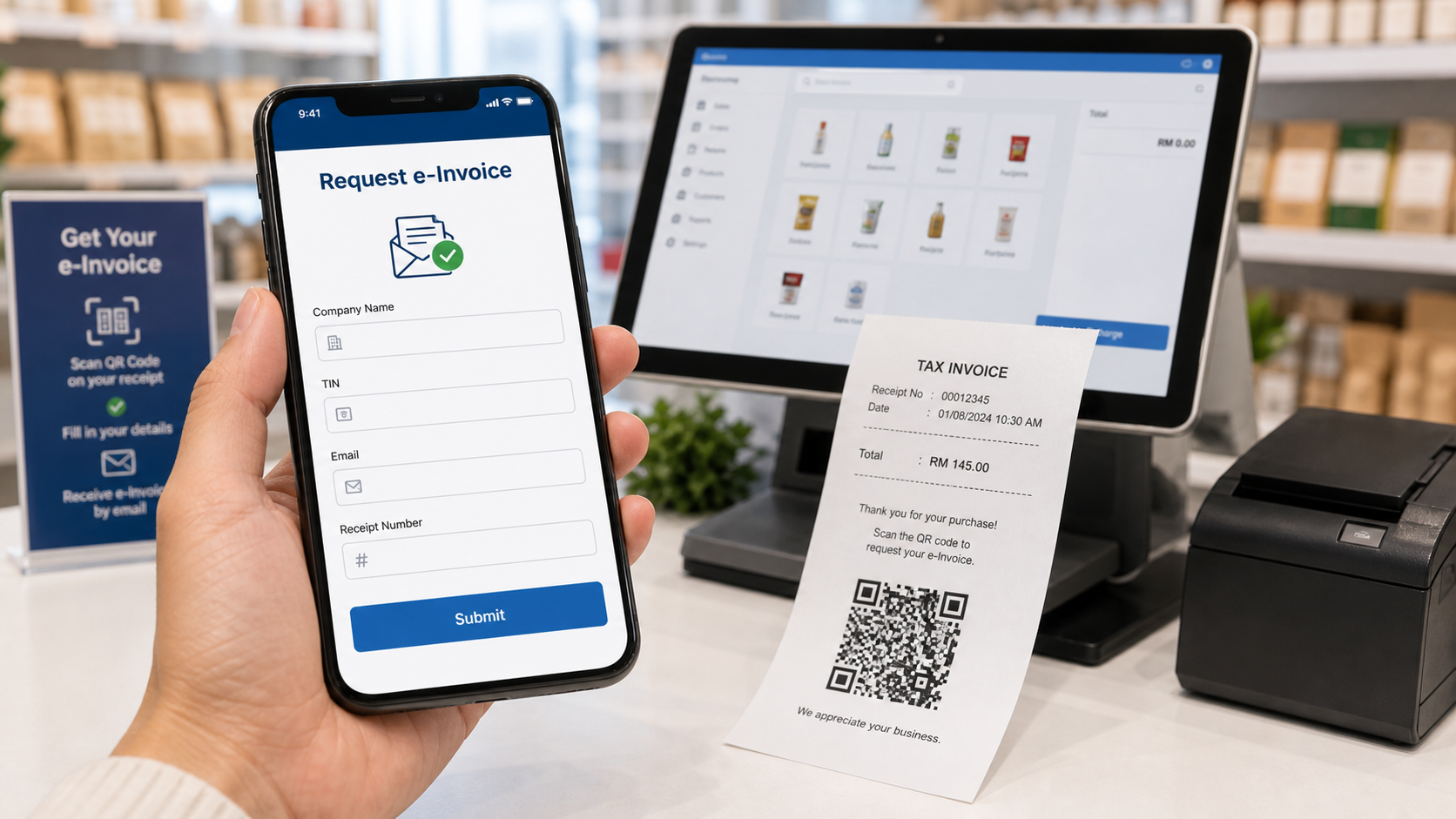 Customer scans receipt QR code and fills an on-demand e-Invoice request form