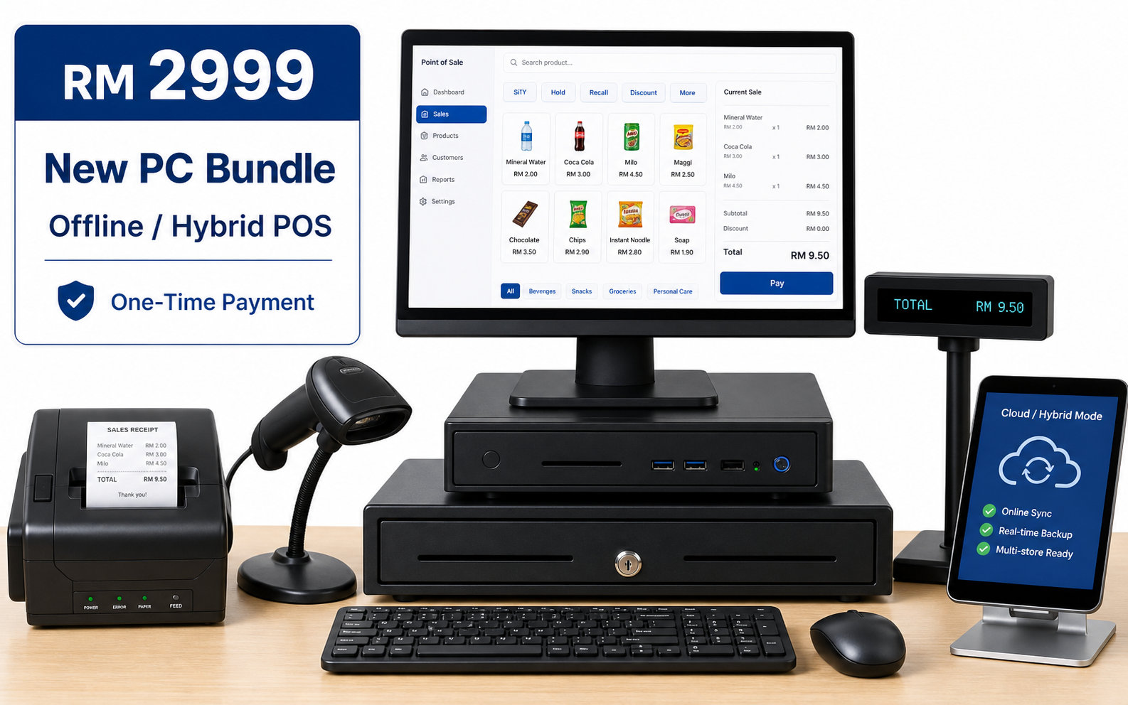 RM2999 BMO Offline Hybrid POS bundle with new PC monitor scanner receipt printer cash drawer and customer display