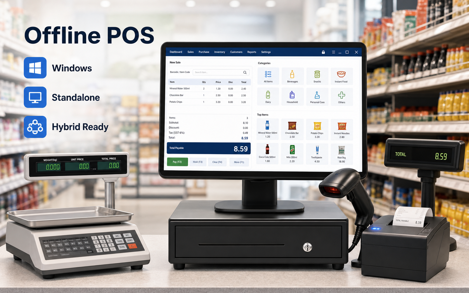 BMO Offline POS Windows counter setup with scanner printer cash drawer and customer display