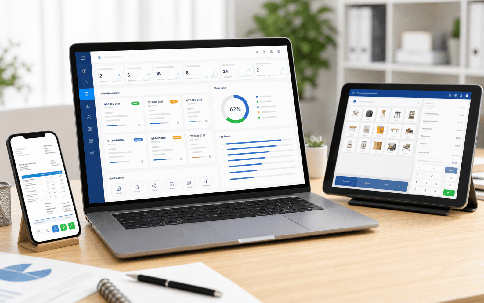 Quotation system dashboard with open quotation close rate top items PDF and POS Web connection