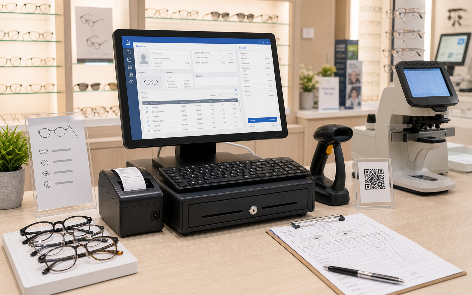 Conventional POS setup for optical shop with frame display and optometry job sheet screen