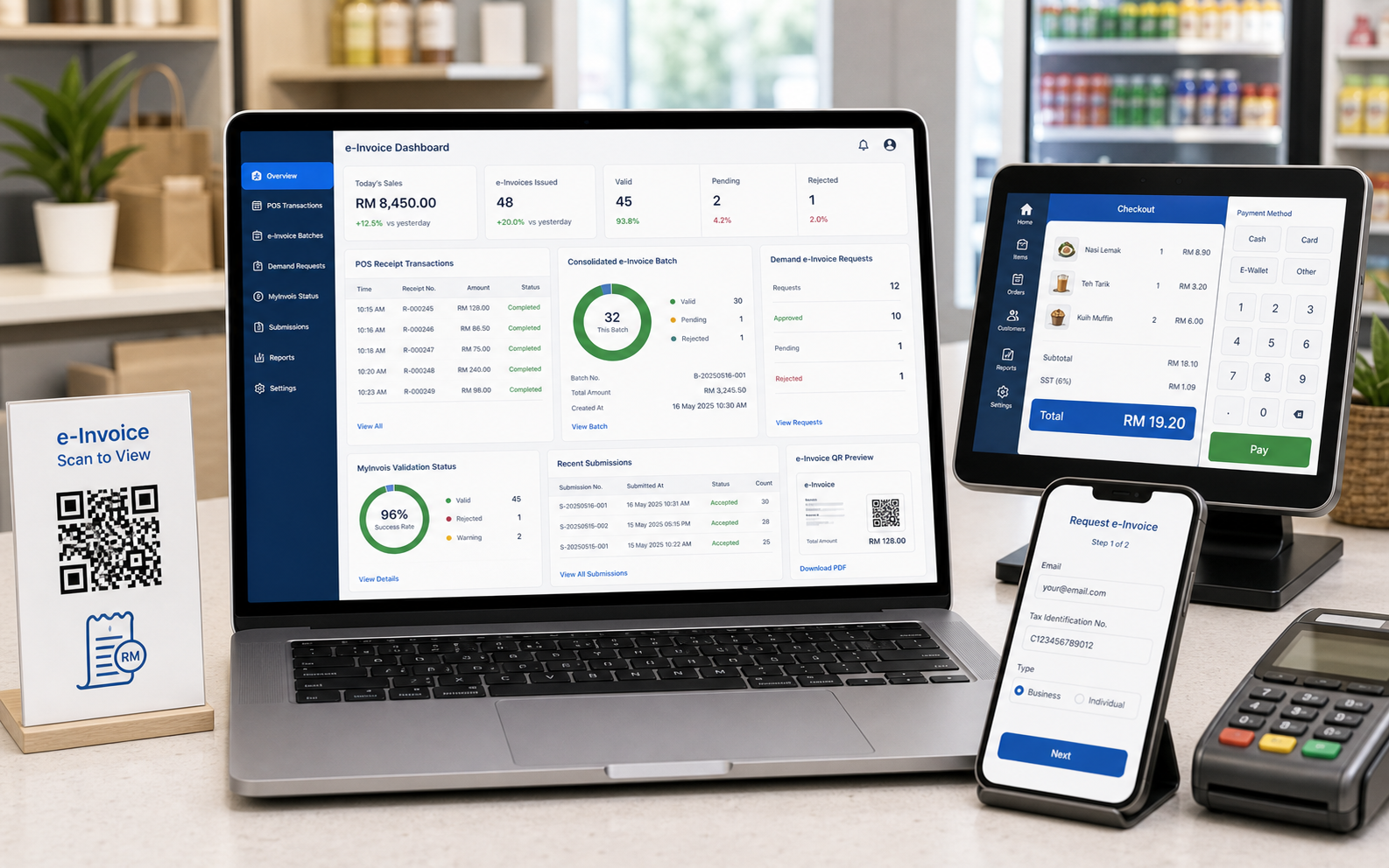 POS e-Invoice dashboard with demand requests consolidated batch MyInvois status receipt transactions and customer request form