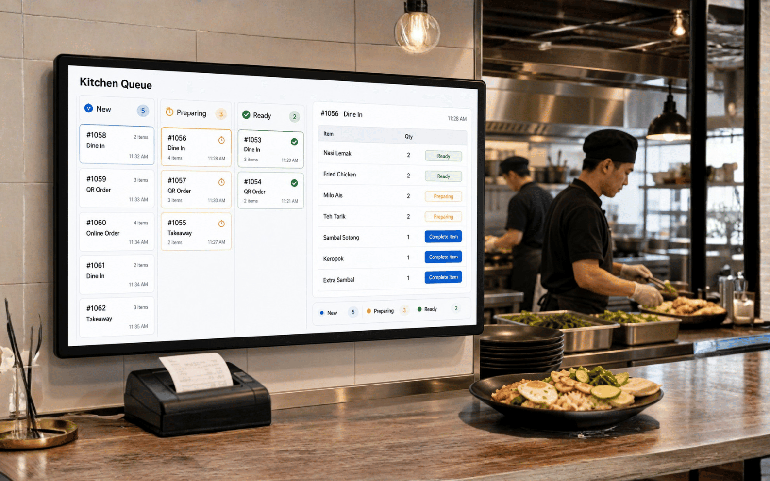 Kitchen queue display showing F&B order tickets preparation quantities and complete item status