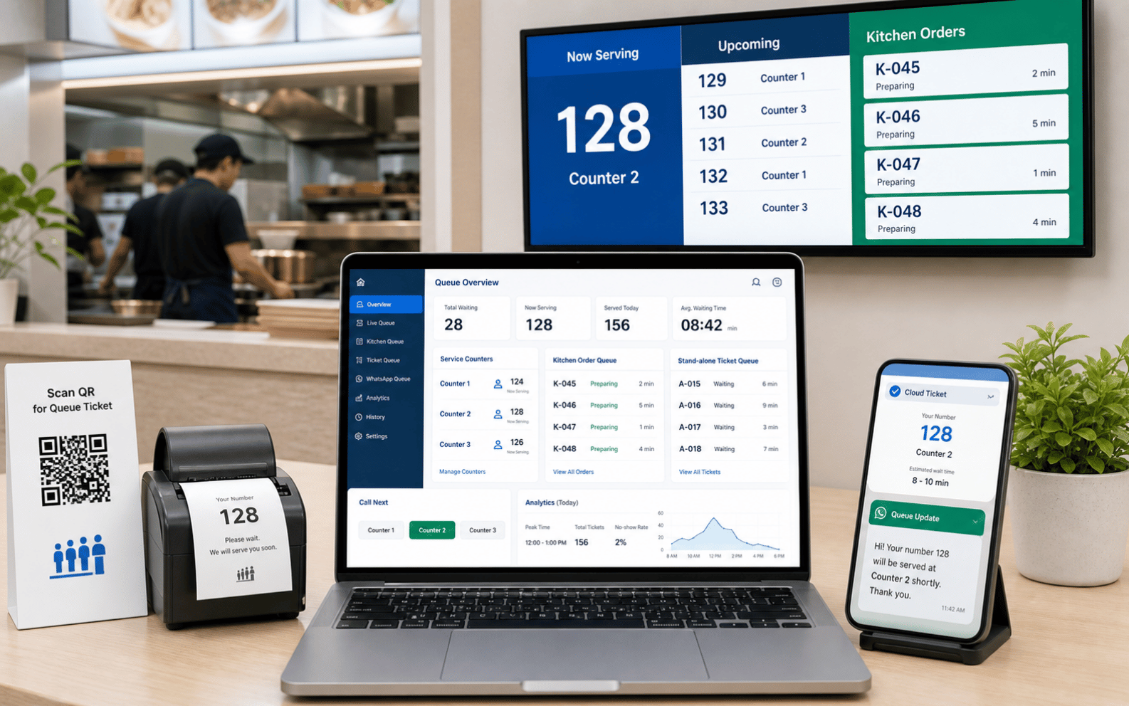 Queue management dashboard with kitchen order queue ticket printer TV display QR code and WhatsApp cloud queue notification