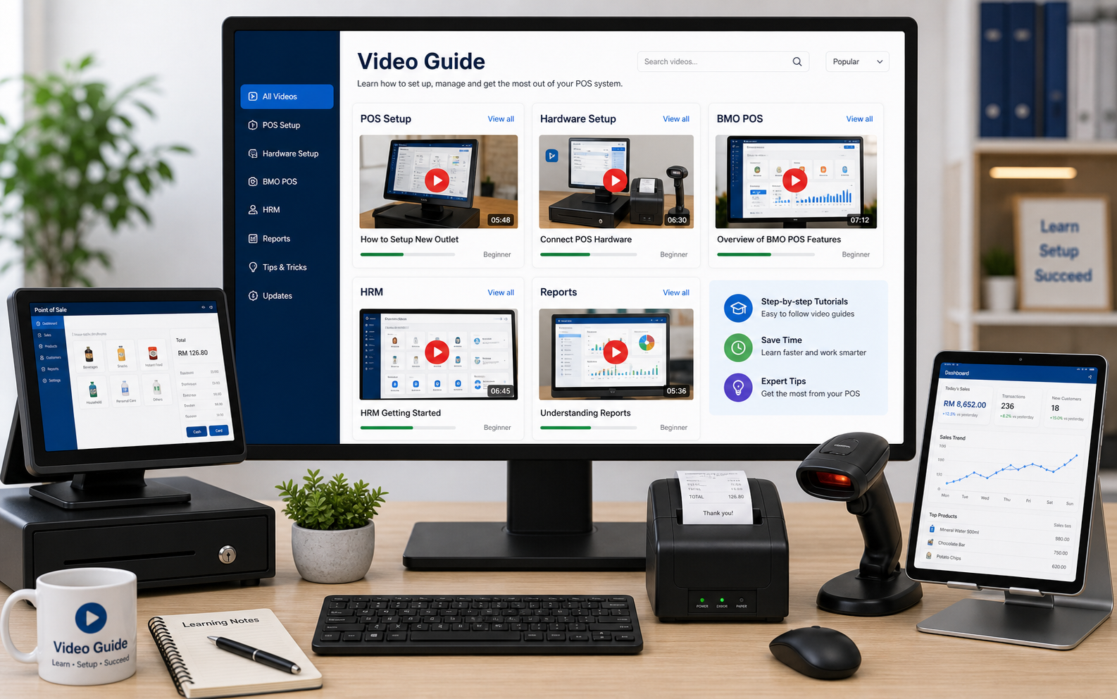 POSMarket video guide learning center for POS setup hardware setup HRM reports and BMO POS features